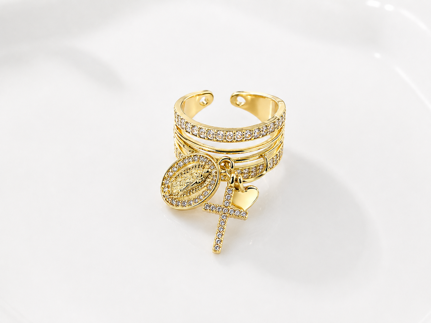 Anillo Dije de la virgen de Guadalupe y Cruz  oro laminado