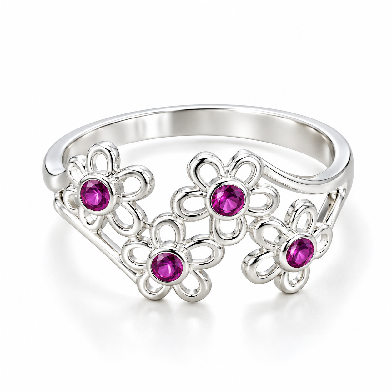 Anillo flores color rosa  plata pieza