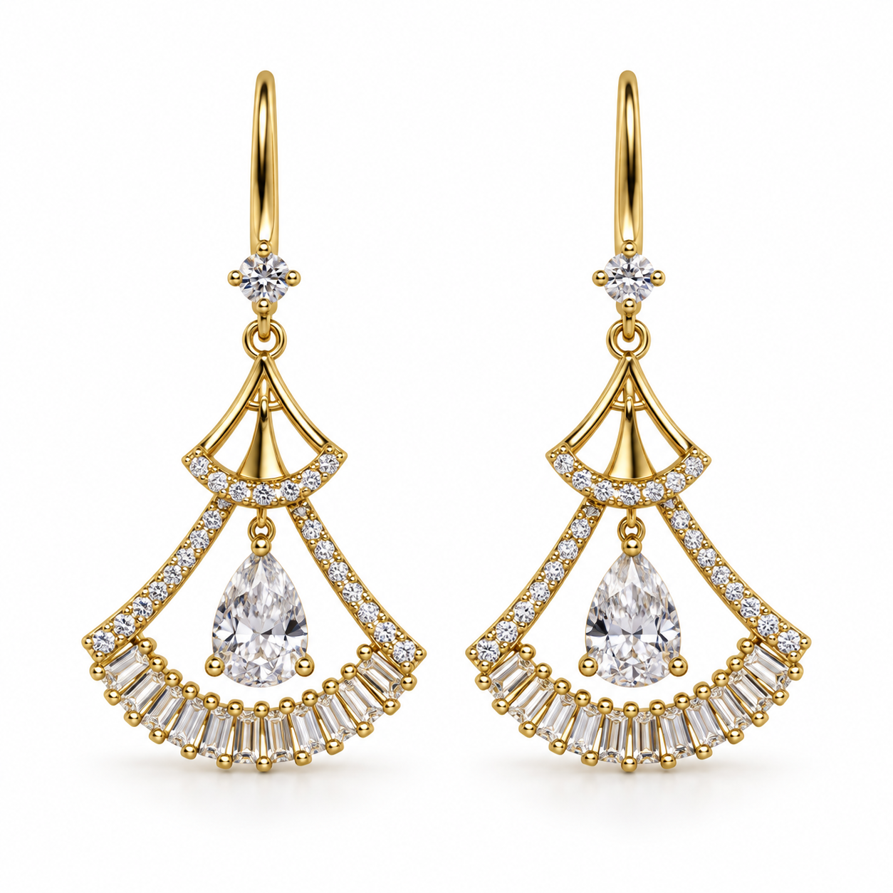 Arete Arillo Forma triangular con Zirconia central y tipo baguette  oro laminado