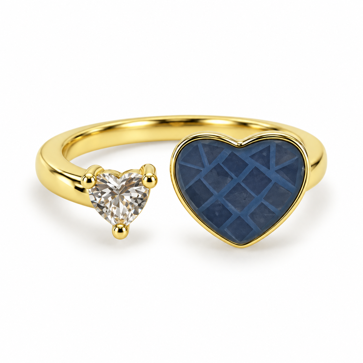 Anillo Doble Corazón azul y de zirconia  oro laminado
