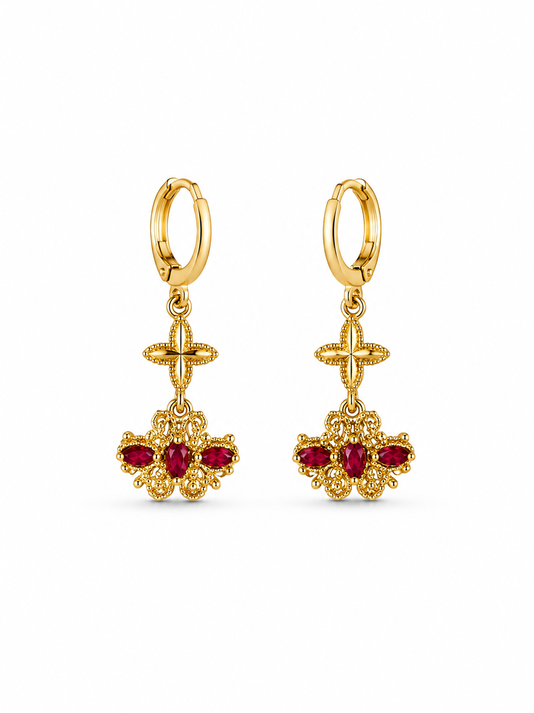 Arete Largo flor piedras rojas  oro laminado