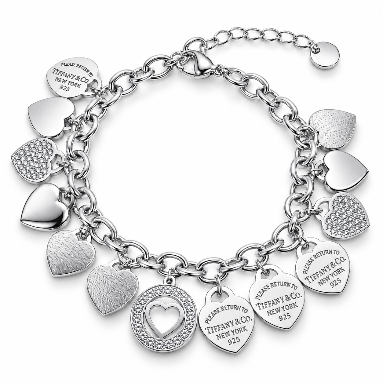 Pulsera Plateado Corazones lisos y con circonia TF acero