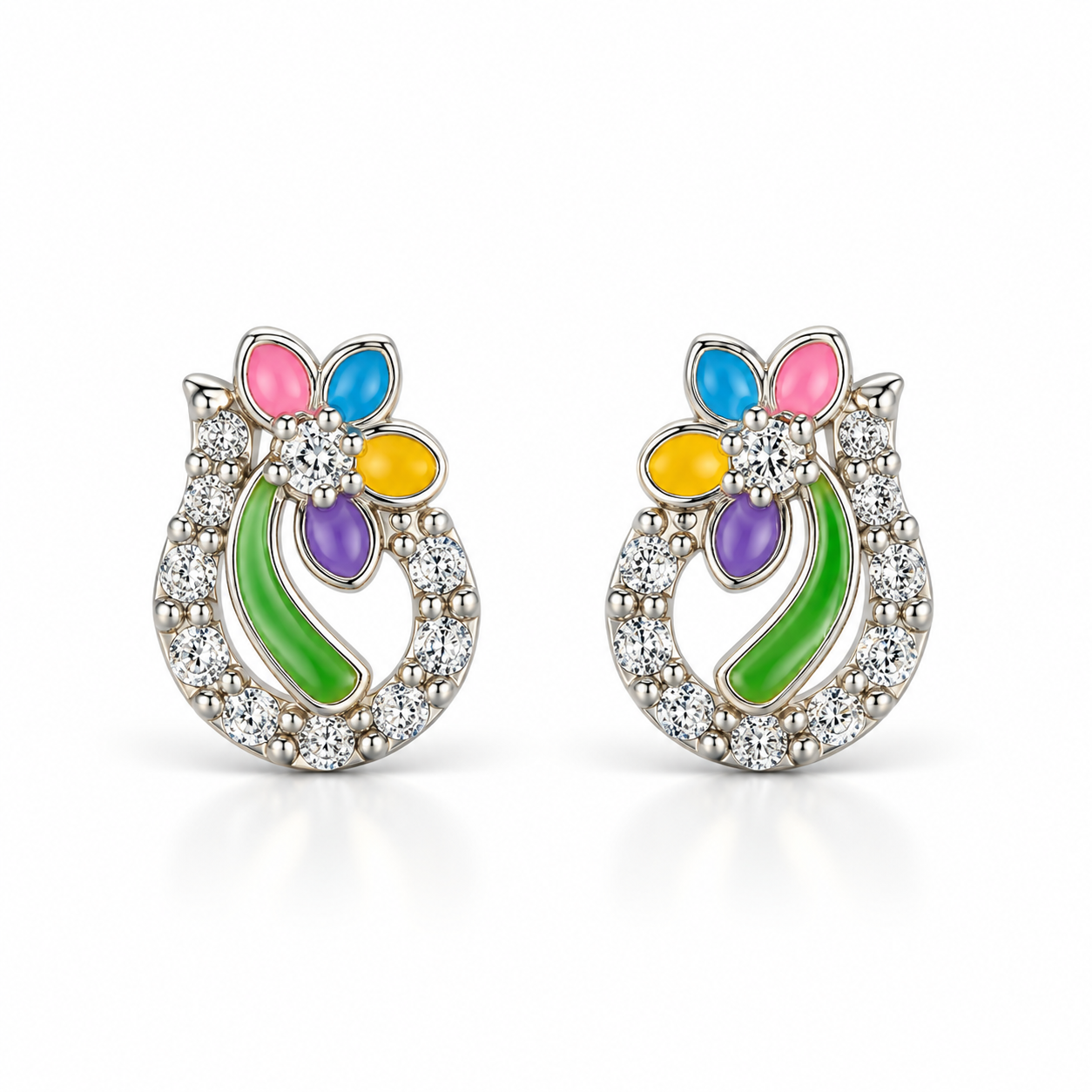 Arete Flor colorida y circonia  plata pieza