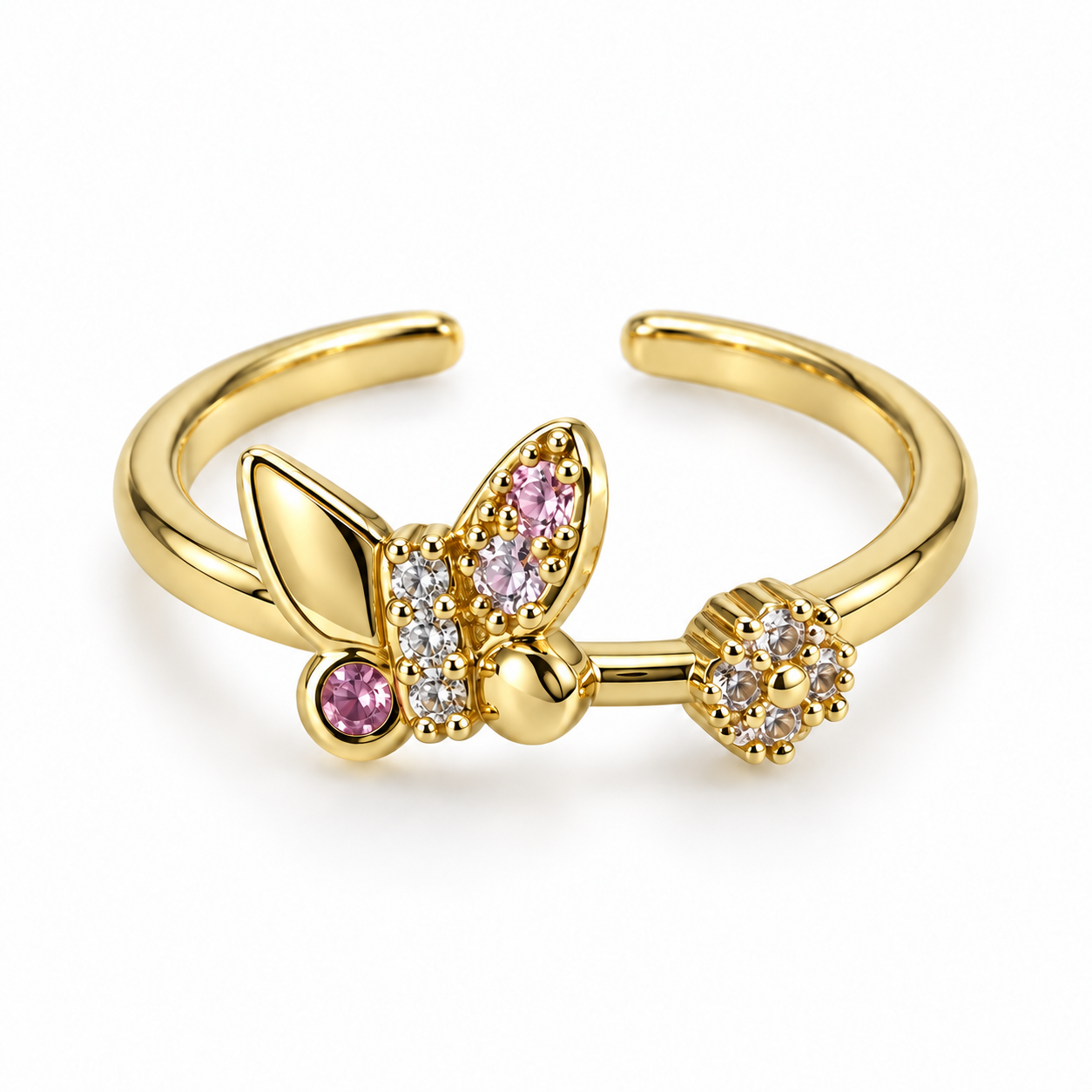 Anillo Mariposa y flor oro laminado